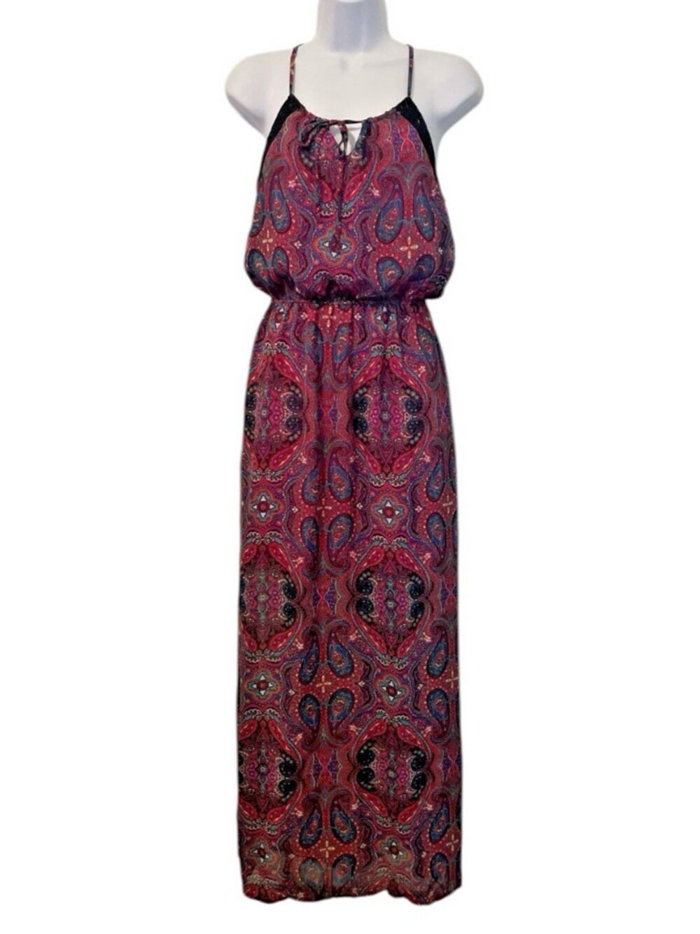 L8ter Womens Paisley Maxi Dress Size S Pink Blue Sheer Slide Slits Elastic Waist